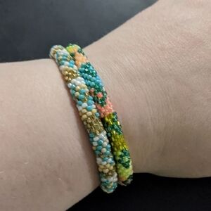 BLUE Multi Color Seed Bead Roll On Statement Bracelet - Set Of 2